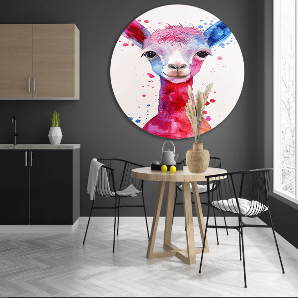Kleurrijke digitale kunst van een alpaca aluminium muurcirkel