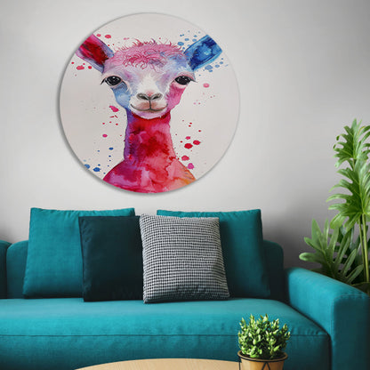 Kleurrijke digitale kunst van een alpaca aluminium muurcirkel