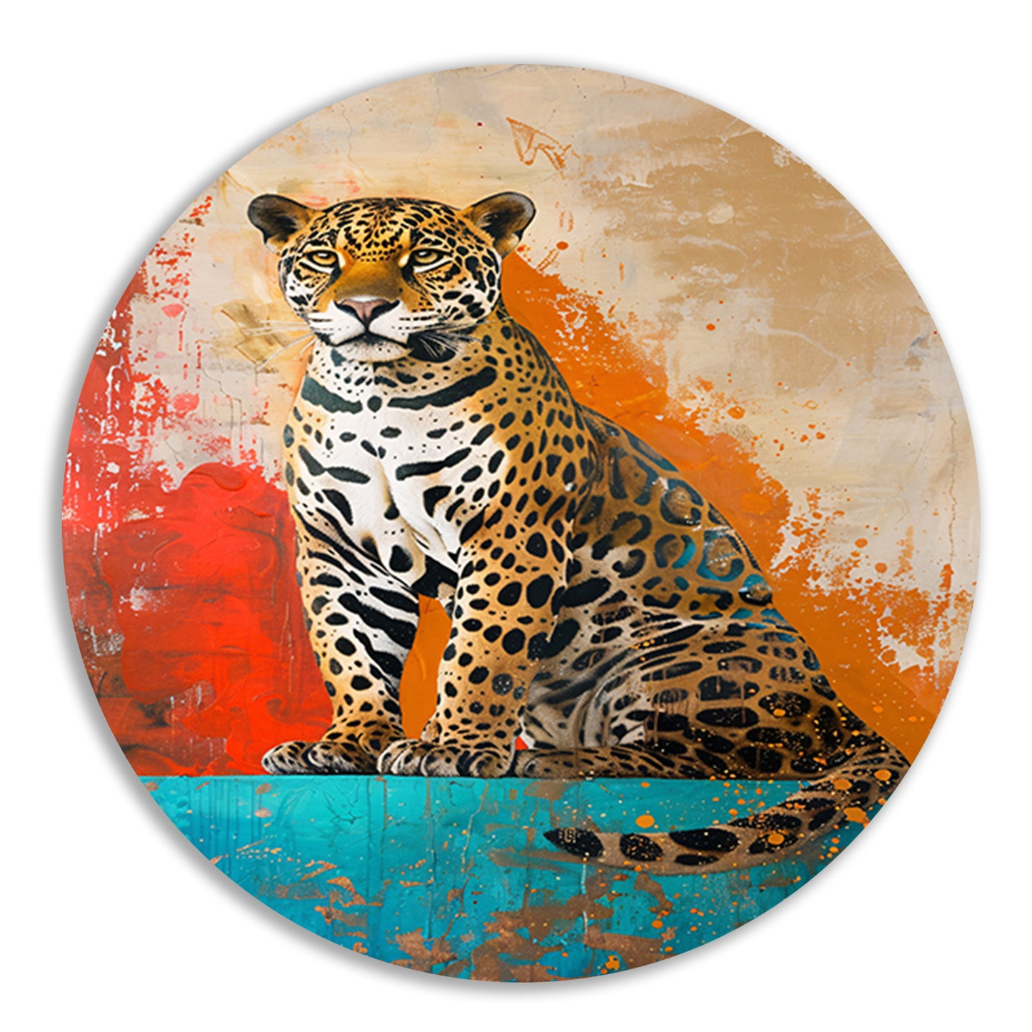 Kleurrijk abstract schilderij van een jaguar aluminium muurcirkel