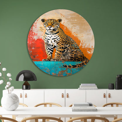 Kleurrijk abstract schilderij van een jaguar aluminium muurcirkel