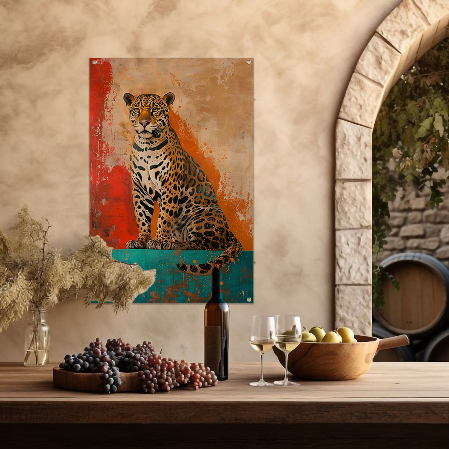 Kleurrijk abstract schilderij van een jaguar tuinposter