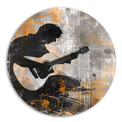 Abstracte Silhouet van Gitarist met Gitaar aluminium muurcirkel