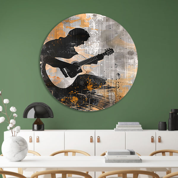 Abstracte Silhouet van Gitarist met Gitaar aluminium muurcirkel