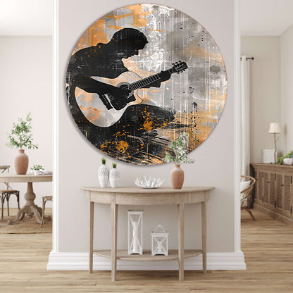 Abstracte Silhouet van Gitarist met Gitaar aluminium muurcirkel