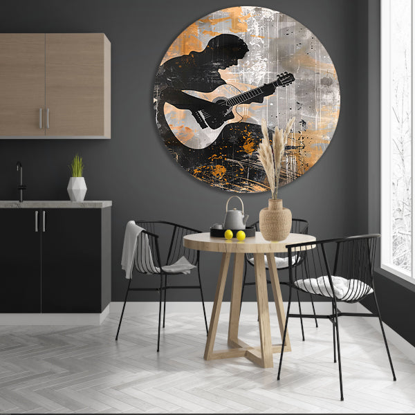 Abstracte Silhouet van Gitarist met Gitaar aluminium muurcirkel