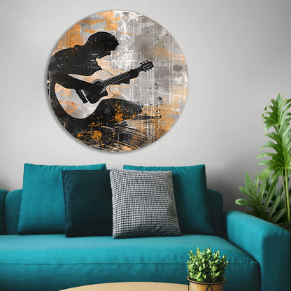 Abstracte Silhouet van Gitarist met Gitaar aluminium muurcirkel