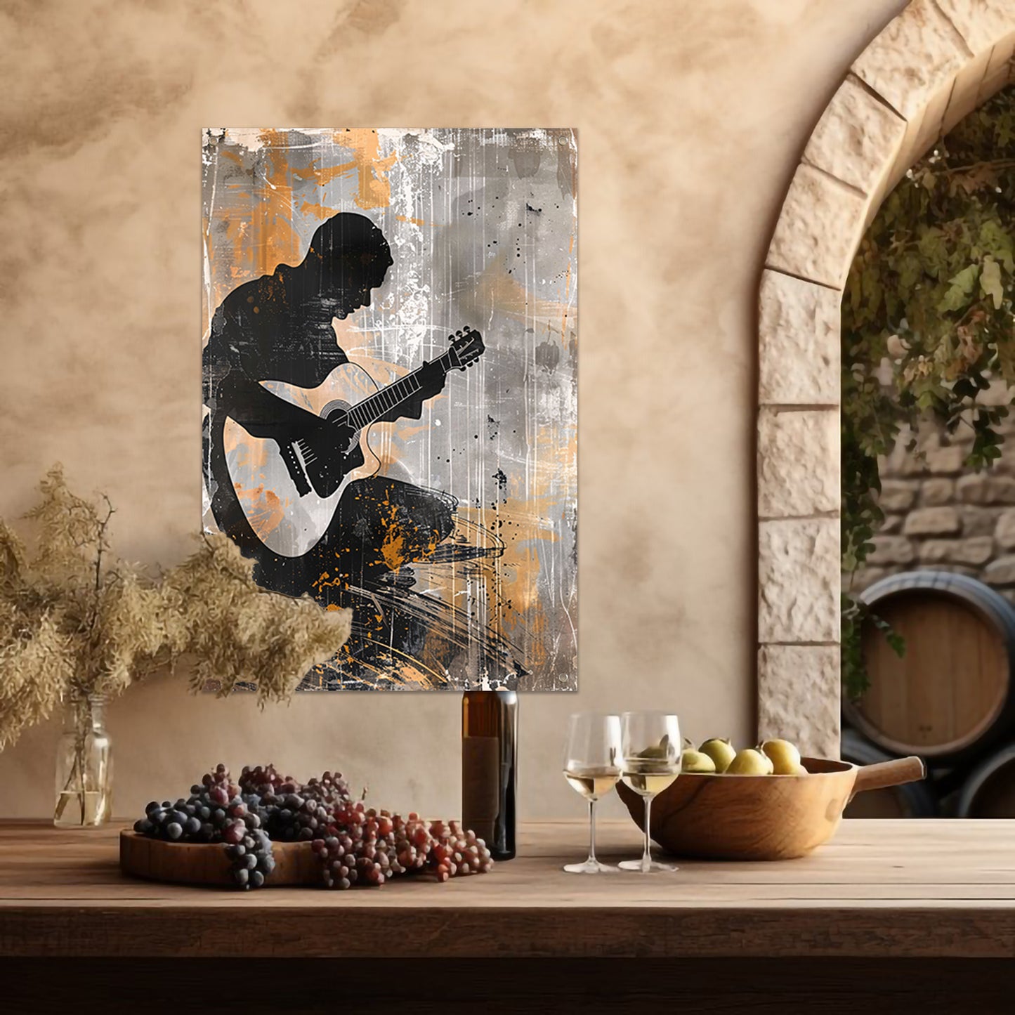 Abstracte Silhouet van Gitarist met Gitaar tuinposter