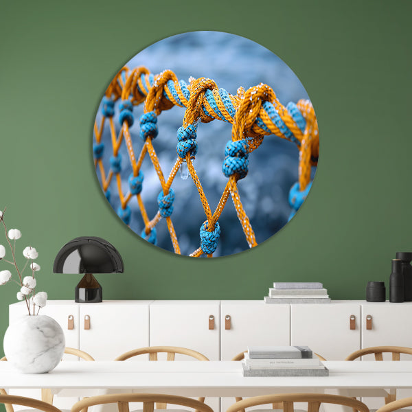 Abstract Knoop in Blauw en Geel aluminium muurcirkel