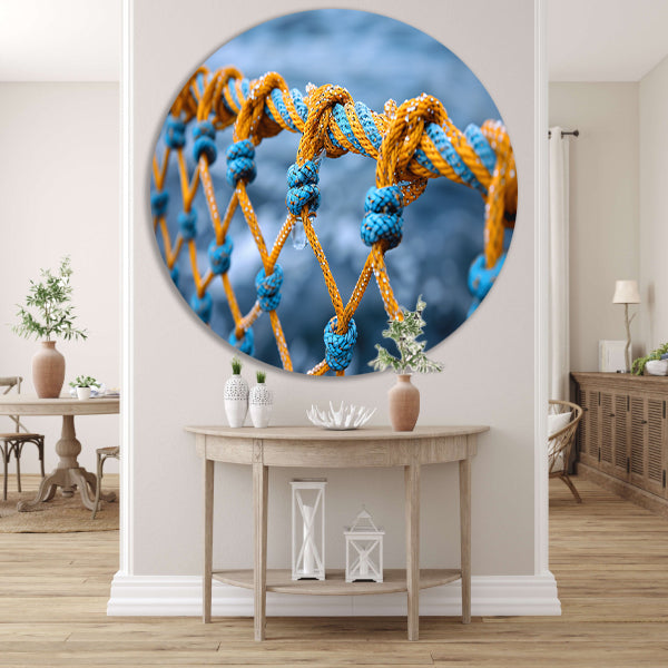 Abstract Knoop in Blauw en Geel aluminium muurcirkel