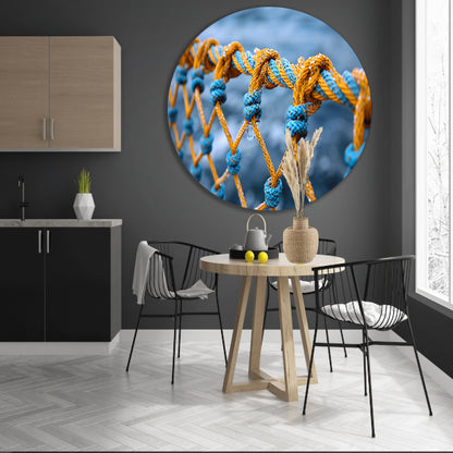 Abstract Knoop in Blauw en Geel aluminium muurcirkel