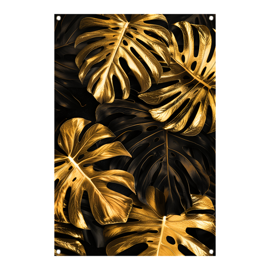 Luxe Gouden Monstera Bladeren op Zwart tuinposter