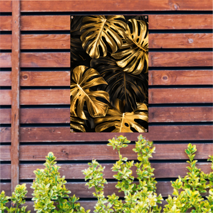 Luxe Gouden Monstera Bladeren op Zwart tuinposter