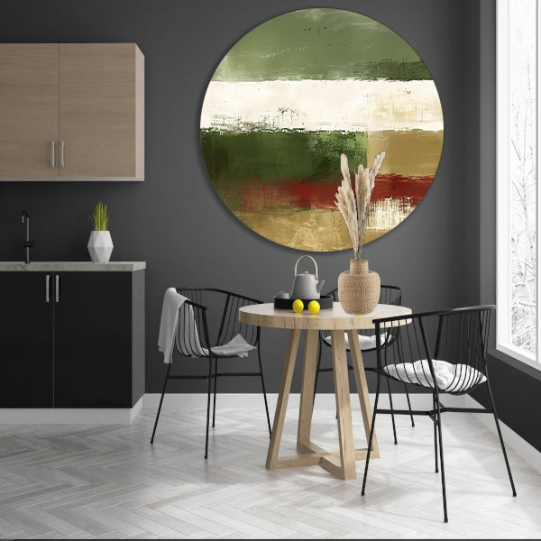 Abstract landschap schilderij met groene tinten aluminium muurcirkel