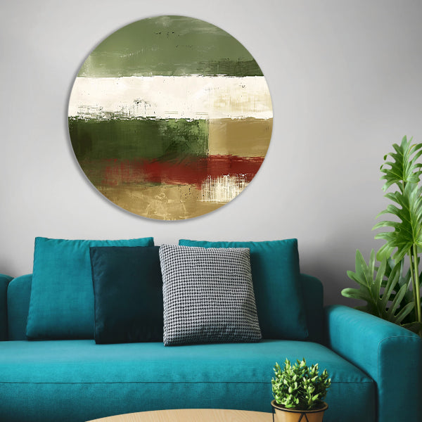 Abstract landschap schilderij met groene tinten aluminium muurcirkel