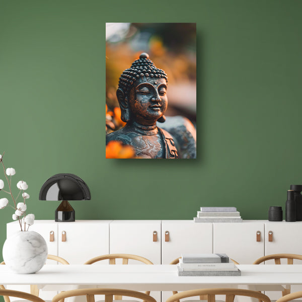 Boeddha in close-up met bloemendecor canvas