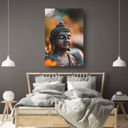 Boeddha in close-up met bloemendecor canvas