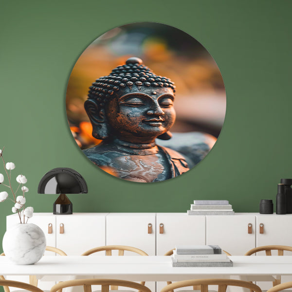 Boeddha in close-up met bloemendecor aluminium muurcirkel