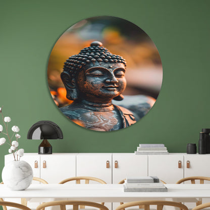 Boeddha in close-up met bloemendecor aluminium muurcirkel