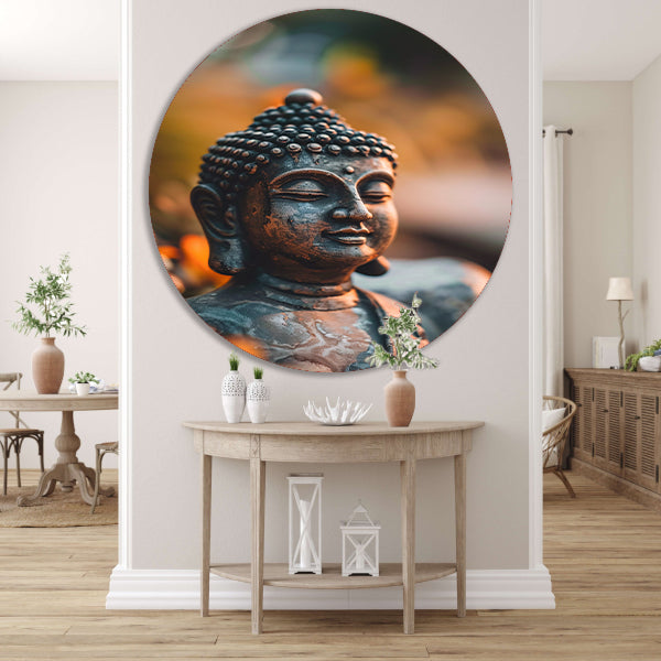 Boeddha in close-up met bloemendecor aluminium muurcirkel