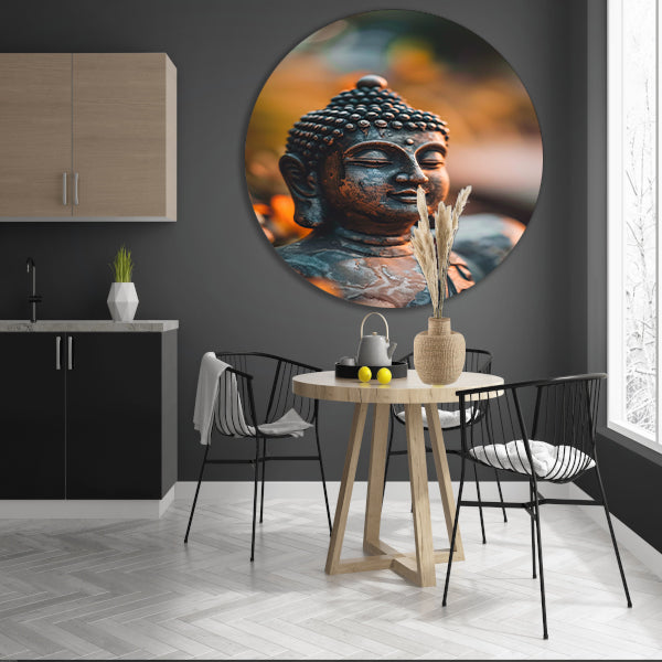 Boeddha in close-up met bloemendecor aluminium muurcirkel