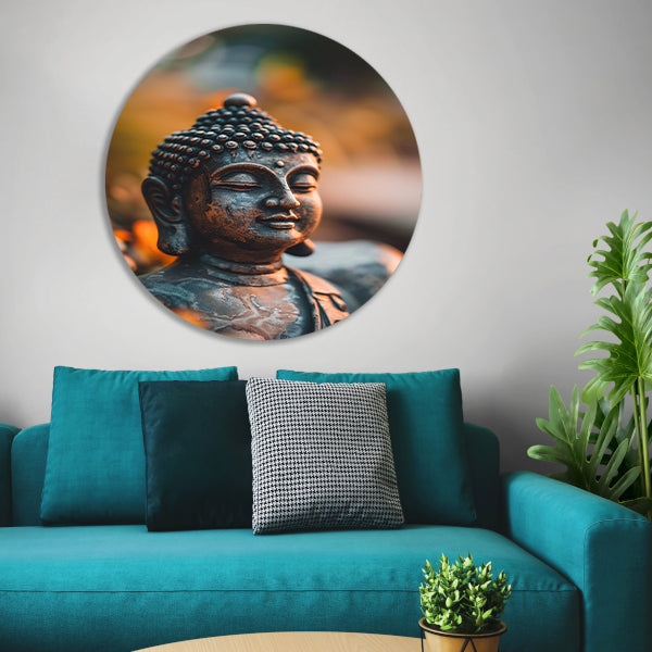 Boeddha in close-up met bloemendecor aluminium muurcirkel