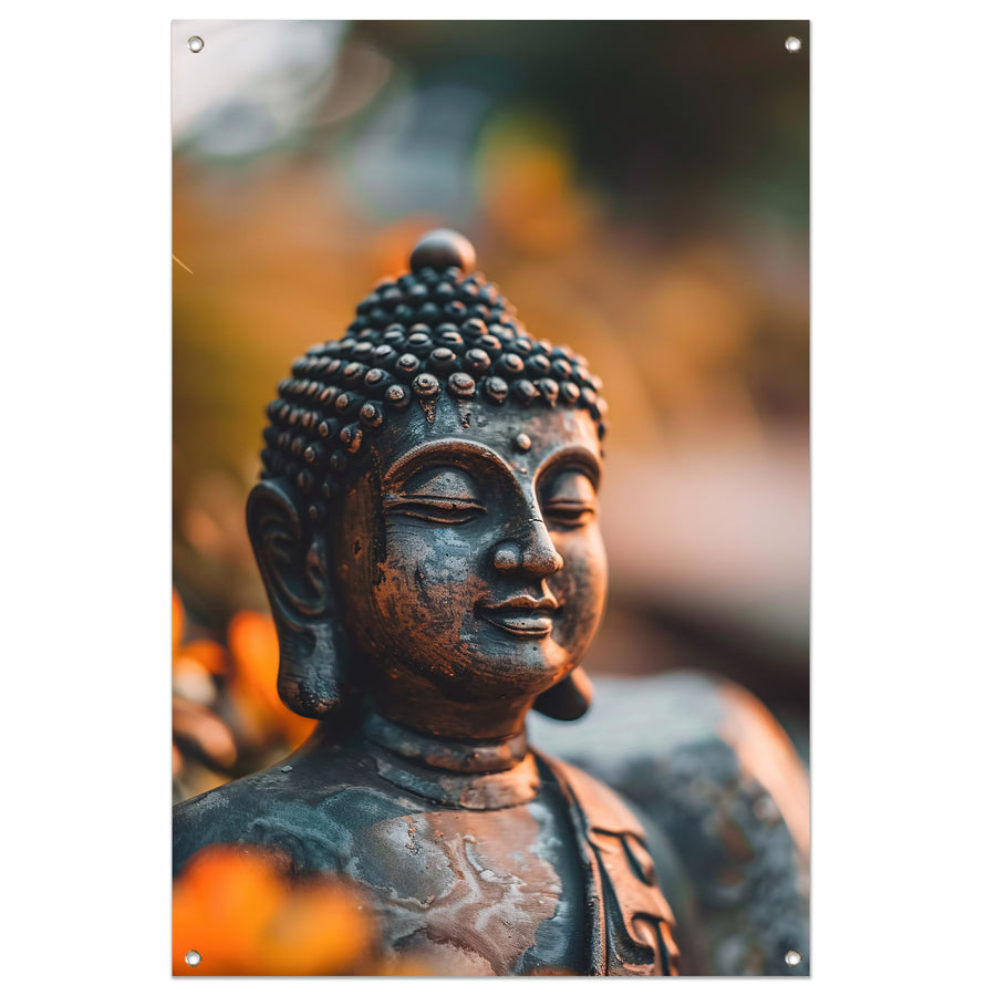 Boeddha in close-up met bloemendecor tuinposter