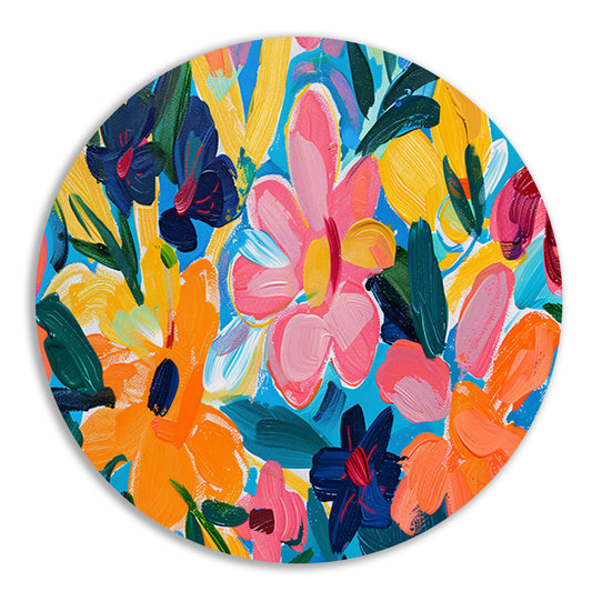 Kleurrijke abstracte impressie van bloemen en bladeren forex muurcirkel