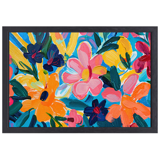 Kleurrijke abstracte impressie van bloemen en bladeren canvas met baklijst