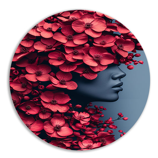 Portret van vrouw met bloemen aluminium muurcirkel