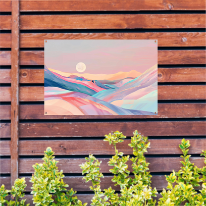 Abstract landschap in pastelkleuren met prominente maan tuinposter