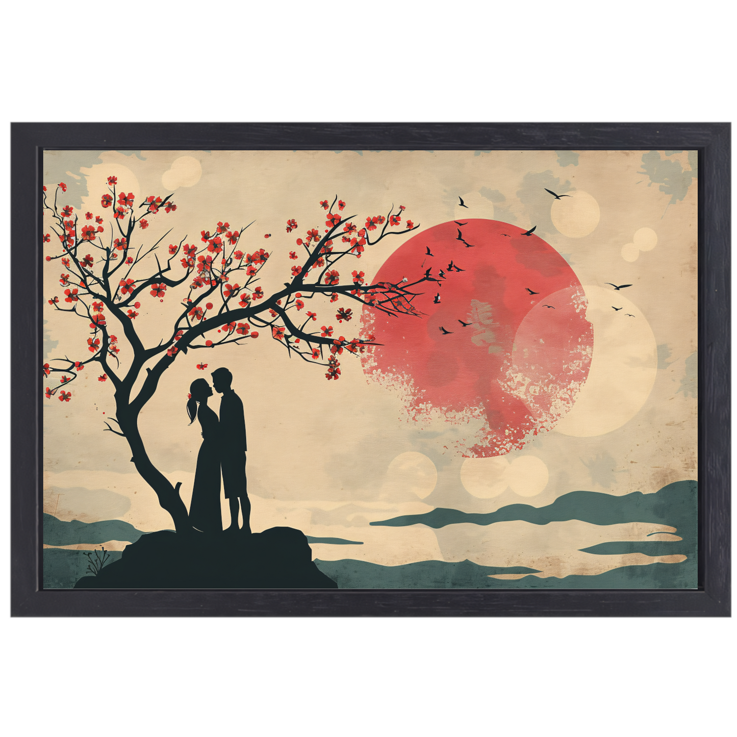 Romantische ontmoeting bij zonsondergang canvas met baklijst