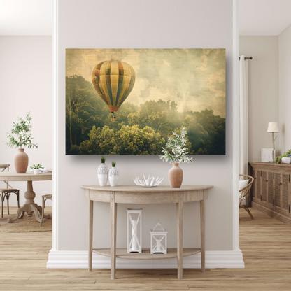 Luchtballon zweeft boven boslandschap canvas met baklijst