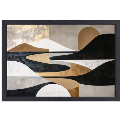 Abstract Rivierlandschap in Goud en Zwart canvas met baklijst