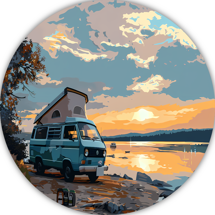 Camper rust op idyllisch meer aluminium muurcirkel