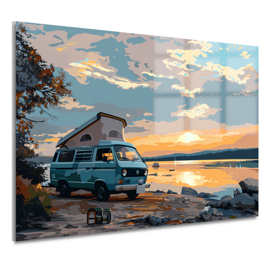 Camper rust op idyllisch meer acrylglas