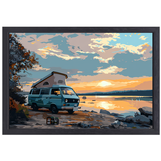 Camper rust op idyllisch meer canvas met baklijst
