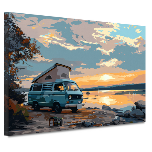 Camper rust op idyllisch meer canvas