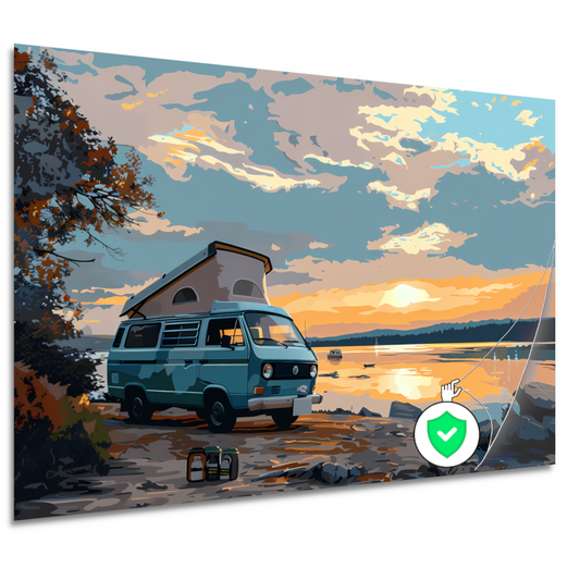 Camper rust op idyllisch meer poster