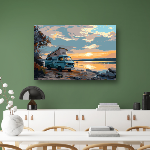Camper rust op idyllisch meer canvas
