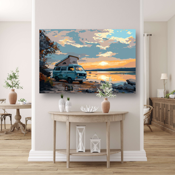 Camper rust op idyllisch meer canvas