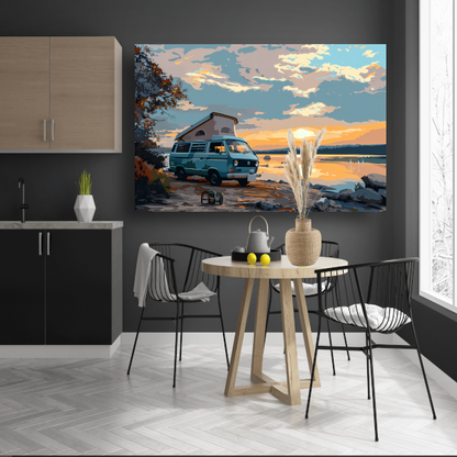 Camper rust op idyllisch meer canvas
