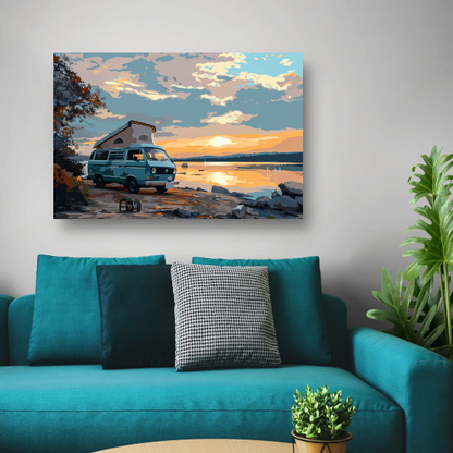Camper rust op idyllisch meer canvas