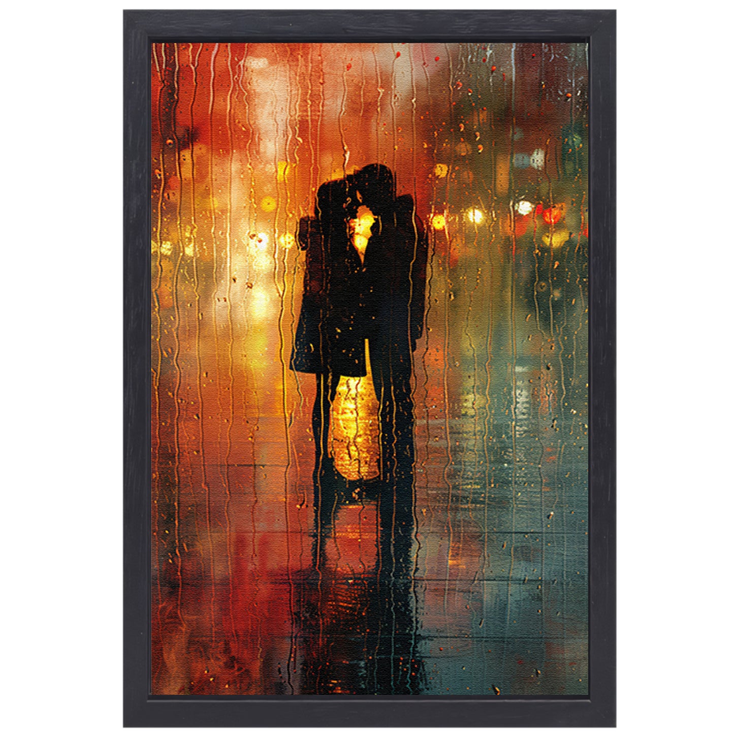 Gepassioneerde Omhelzing in de Regenachtige Nacht canvas met baklijst