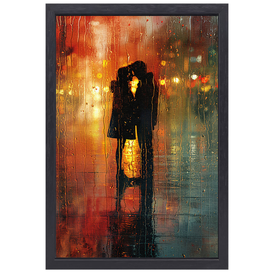 Gepassioneerde Omhelzing in de Regenachtige Nacht canvas met baklijst