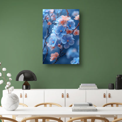 Blauwe bloemen in bloei aan takken canvas met baklijst
