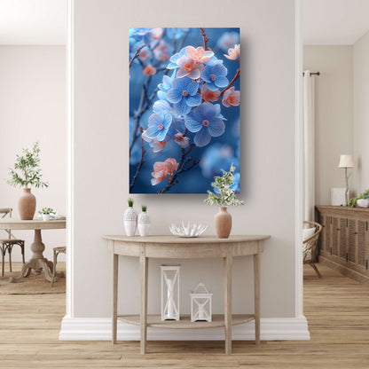 Blauwe bloemen in bloei aan takken canvas met baklijst