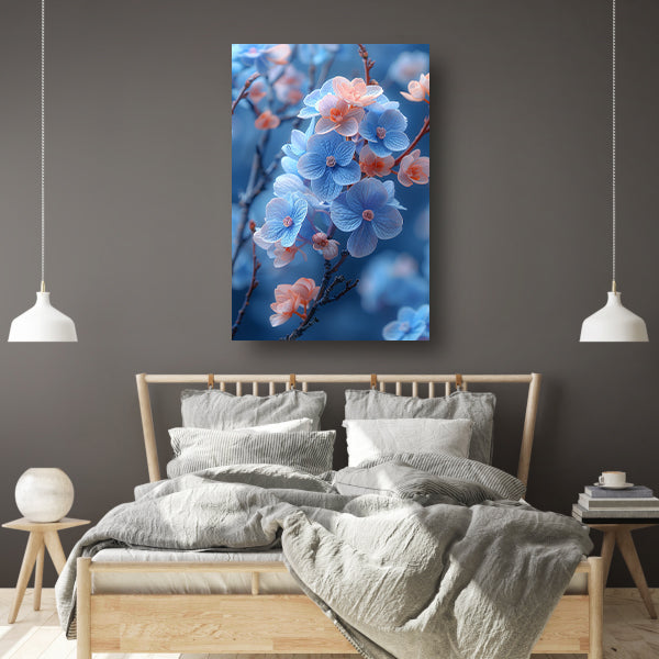 Blauwe bloemen in bloei aan takken canvas met baklijst