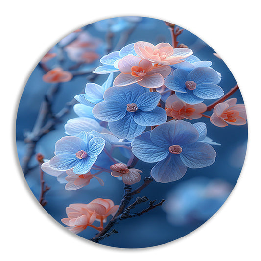 Blauwe bloemen in bloei aan takken aluminium muurcirkel