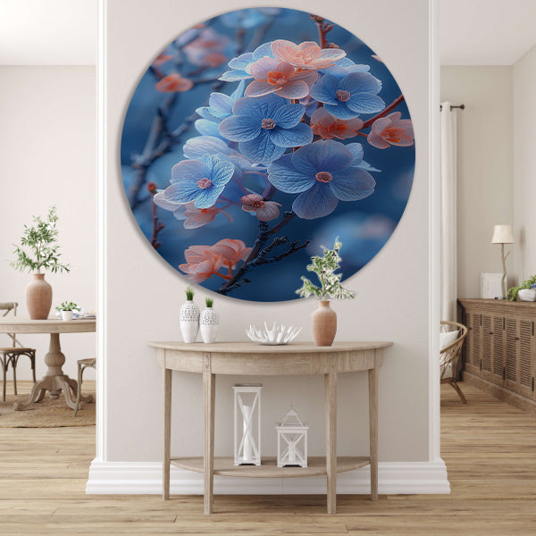 Blauwe bloemen in bloei aan takken aluminium muurcirkel