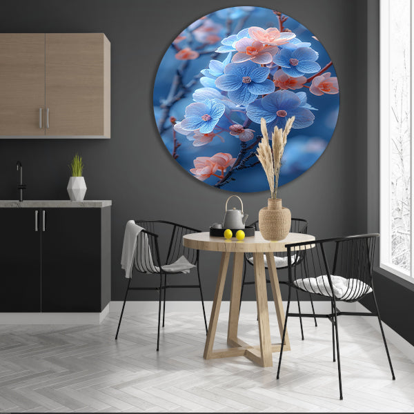 Blauwe bloemen in bloei aan takken aluminium muurcirkel